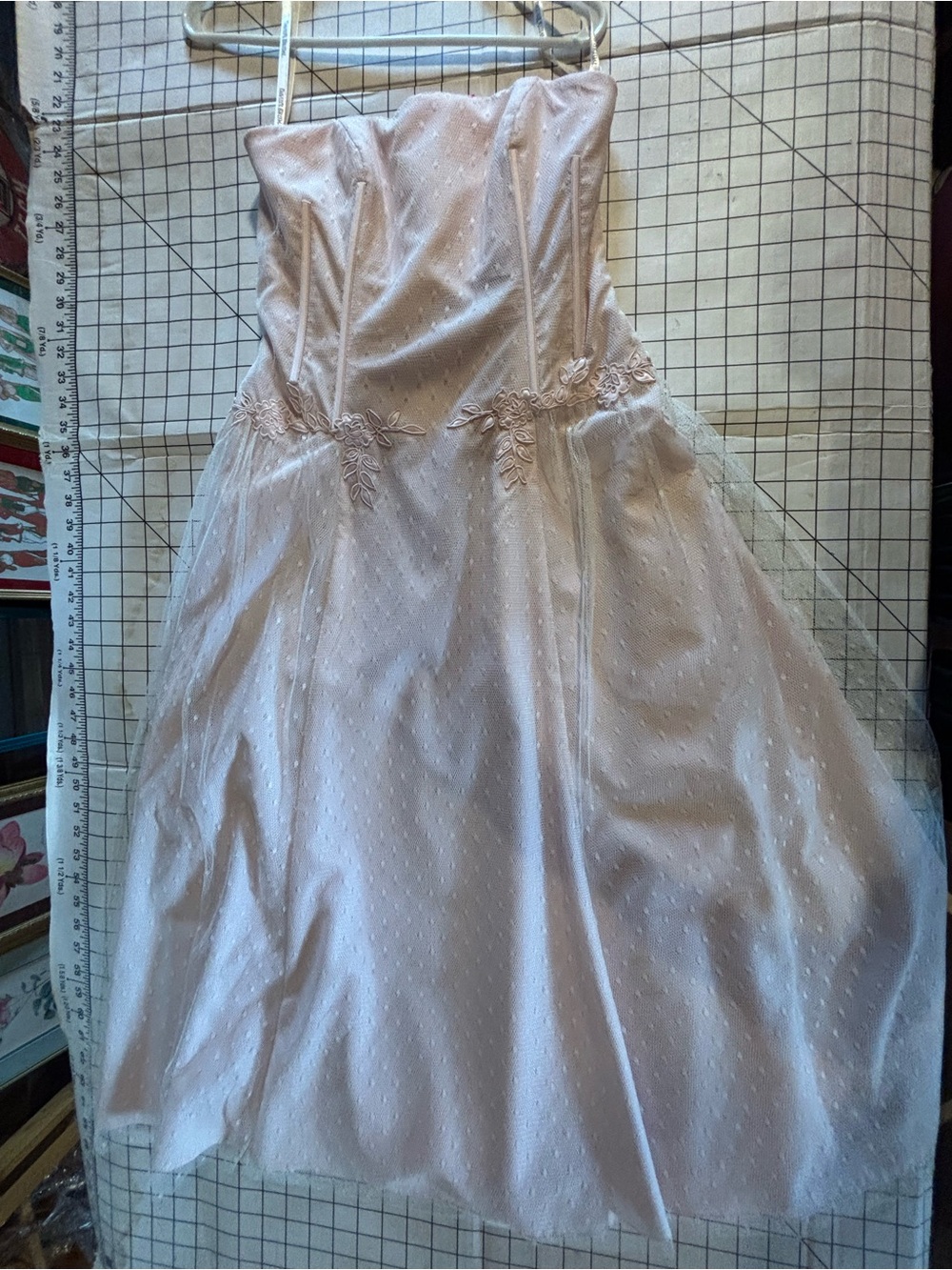 David's Bridal Light Pink Strapless Cocktail Dress with Floral Waist Detail